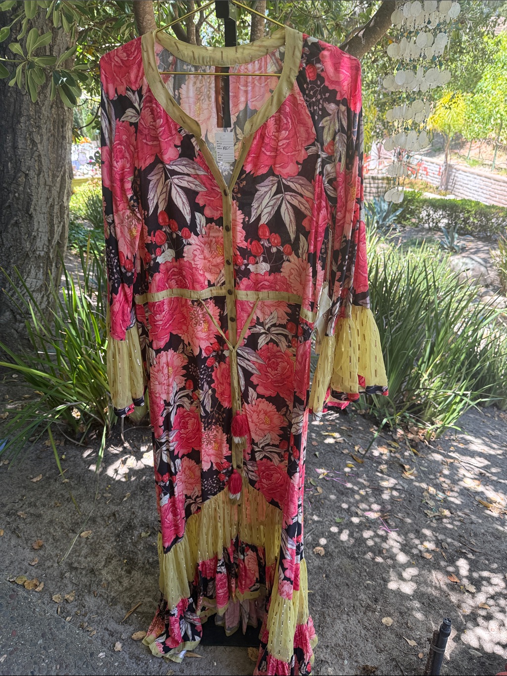 Aratta Pink Floral Maxi Dress With Yellow Trim